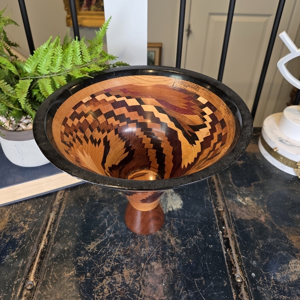 Large Segmented Wood Art "Tornado Bowl" 11" | Pedestal Geometric MCM Vase